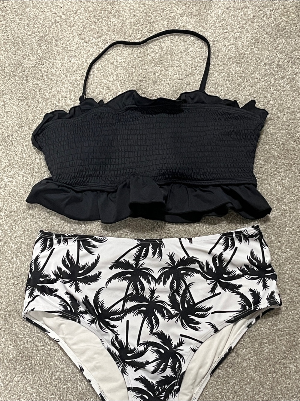 Black Ruffle Bandeau Bikini Top with Palm-Print High-Waist Bottoms
